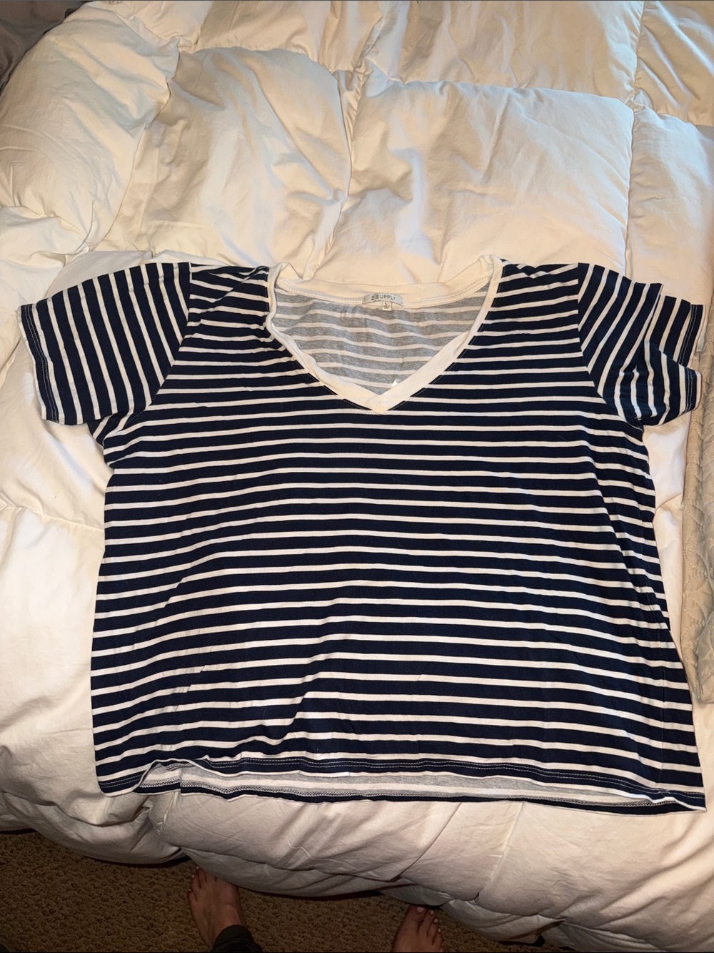 Z Supply Navy & White Striped V-Neck Tee